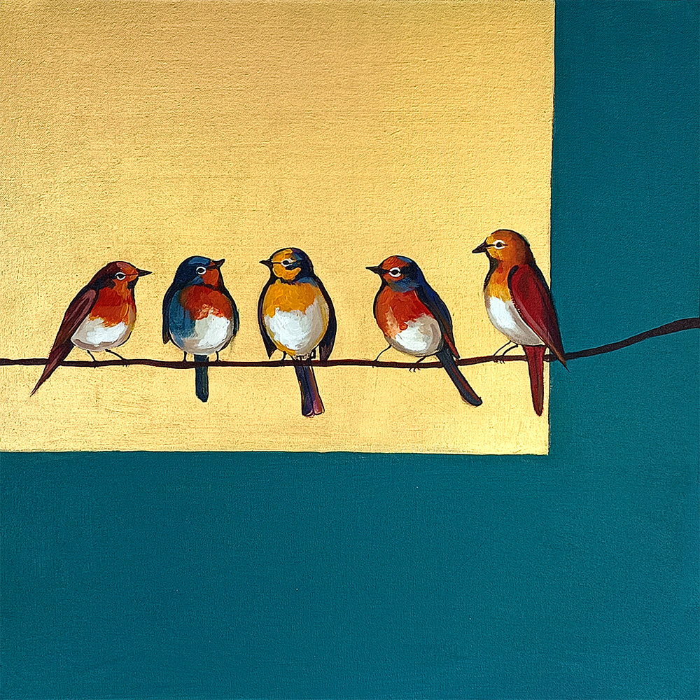 Birds Togerther | Vibrant Birds On A Wire | Realism, Nature Canvas Art Print