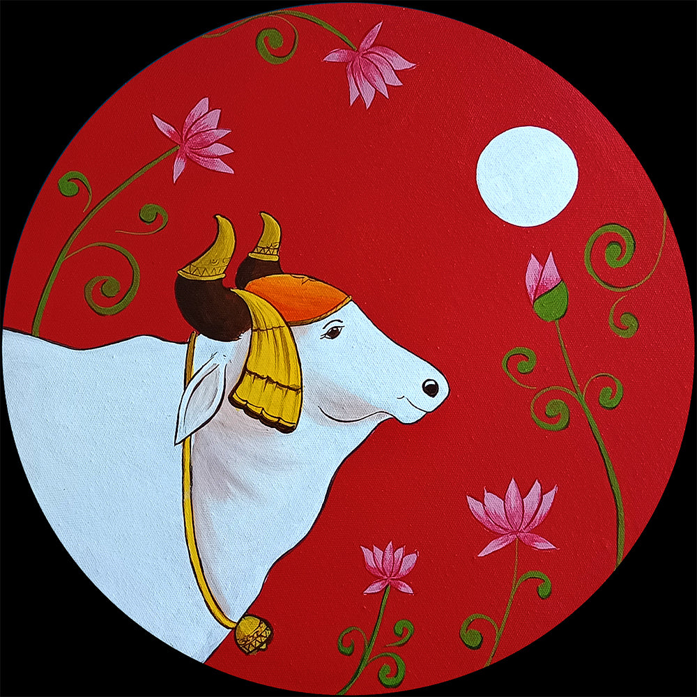 Moon & Cow Harmony | Traditional Indian Art Pichwai Paintings