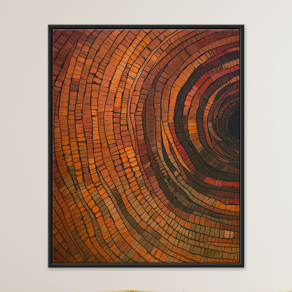Abstract acrylic painting of mosaic tree ring patterns spiralling toward a dark centre in rust, amber, and burnt orange tones.