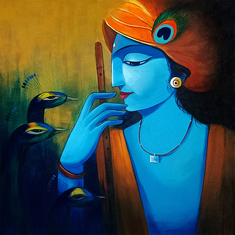 Krishna Flute and Feather | Traditional Acrylic Art Of Krishna | Vibrant Handmade Painting
