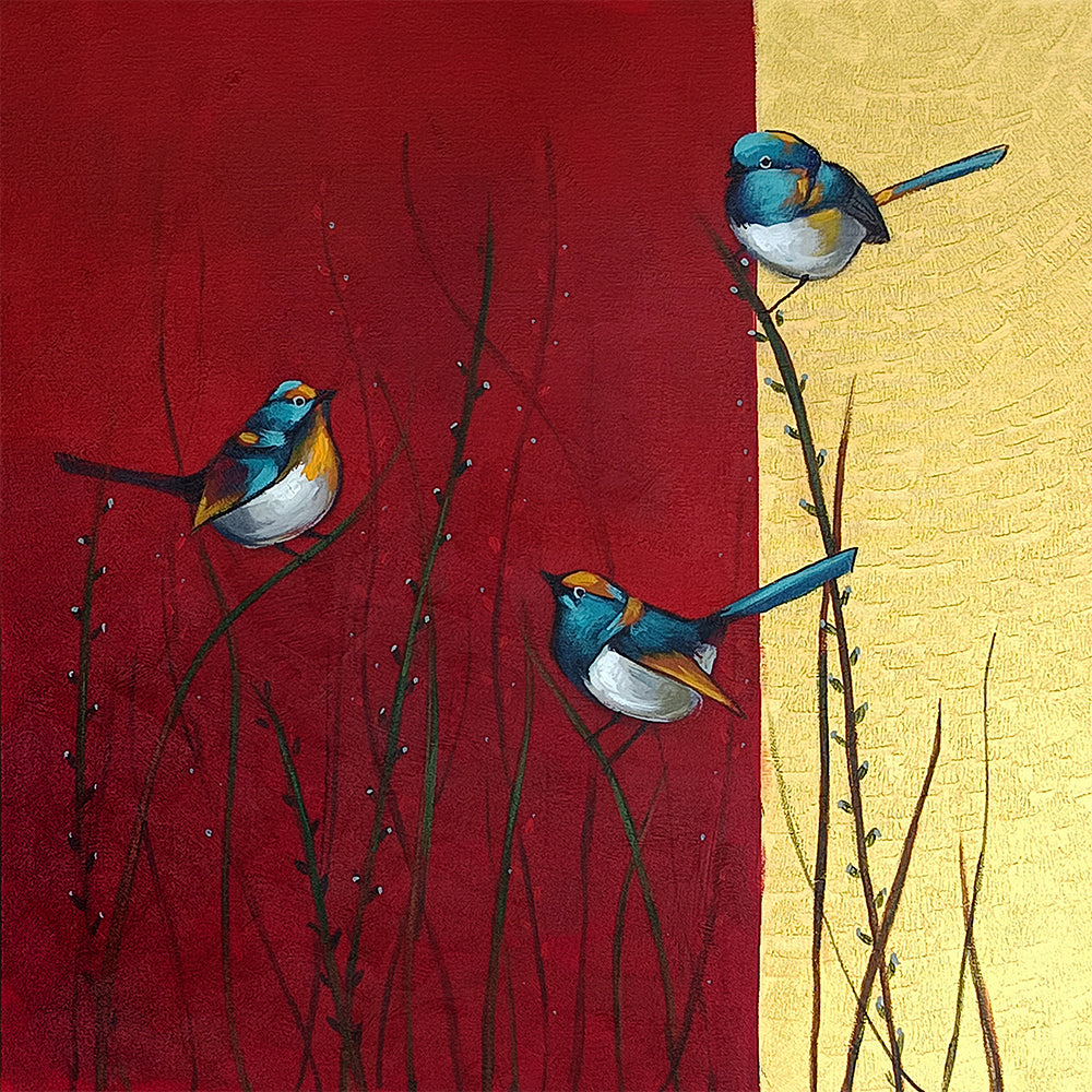 Birds Branch Harmony | Vibrant Birds In Splashes Of Color | Abstract Canvas Art Print