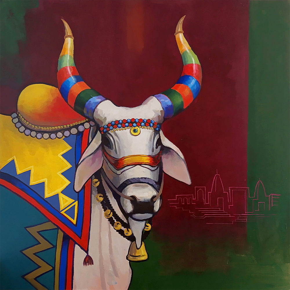 Sacred Stillness Painting | Handcrafted Sacred Nandi Art for Mindful Spaces | Handmade painting for Temple