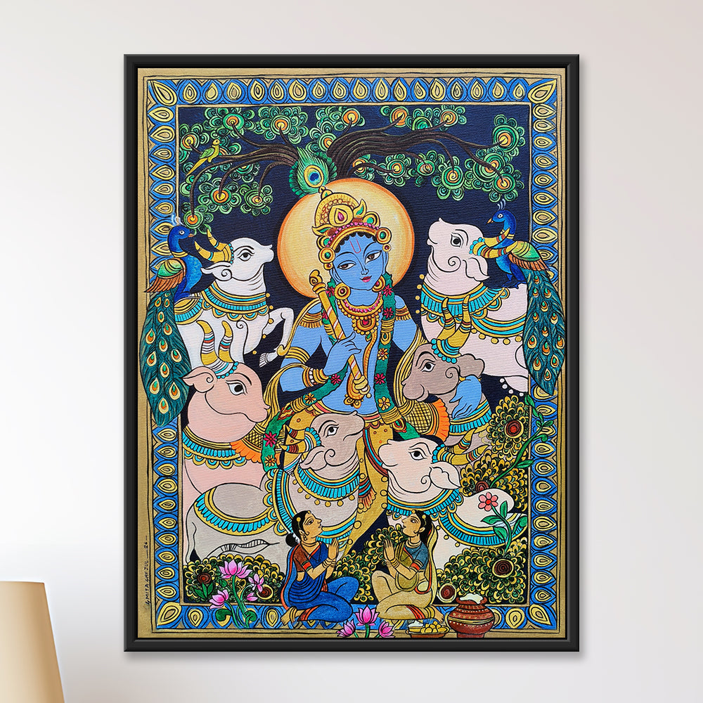Painting of Lord Krishna with gopis rendered in the traditional Madhubani folk art style, 18" x 24" original painting