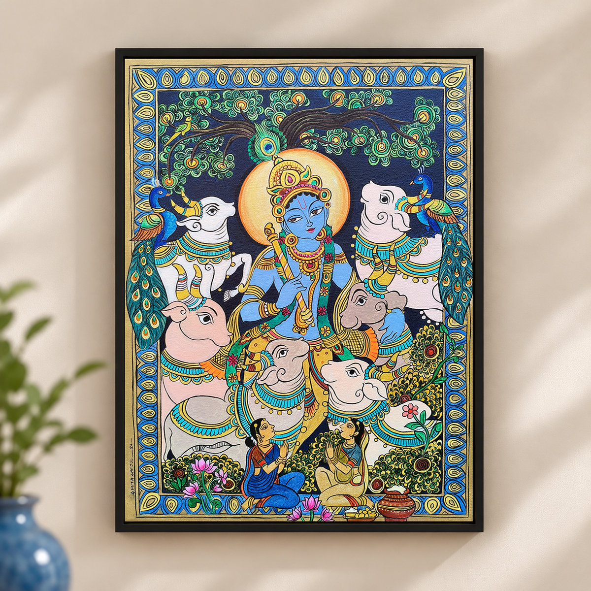 Krishna's Court of Devotion | Madhubani Style Painting by Sajaao