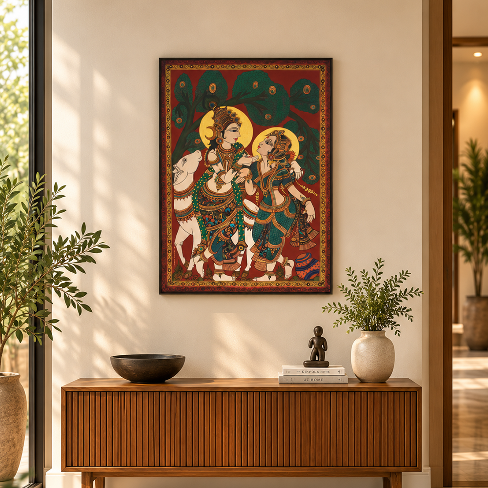 Radha Krishna in Communion | Kalamkari Style Painting by Sajaao
