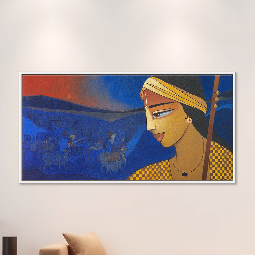 Original painting of a stylised woman in a golden turban beside a dusk village scene with bullock carts, wide canvas.