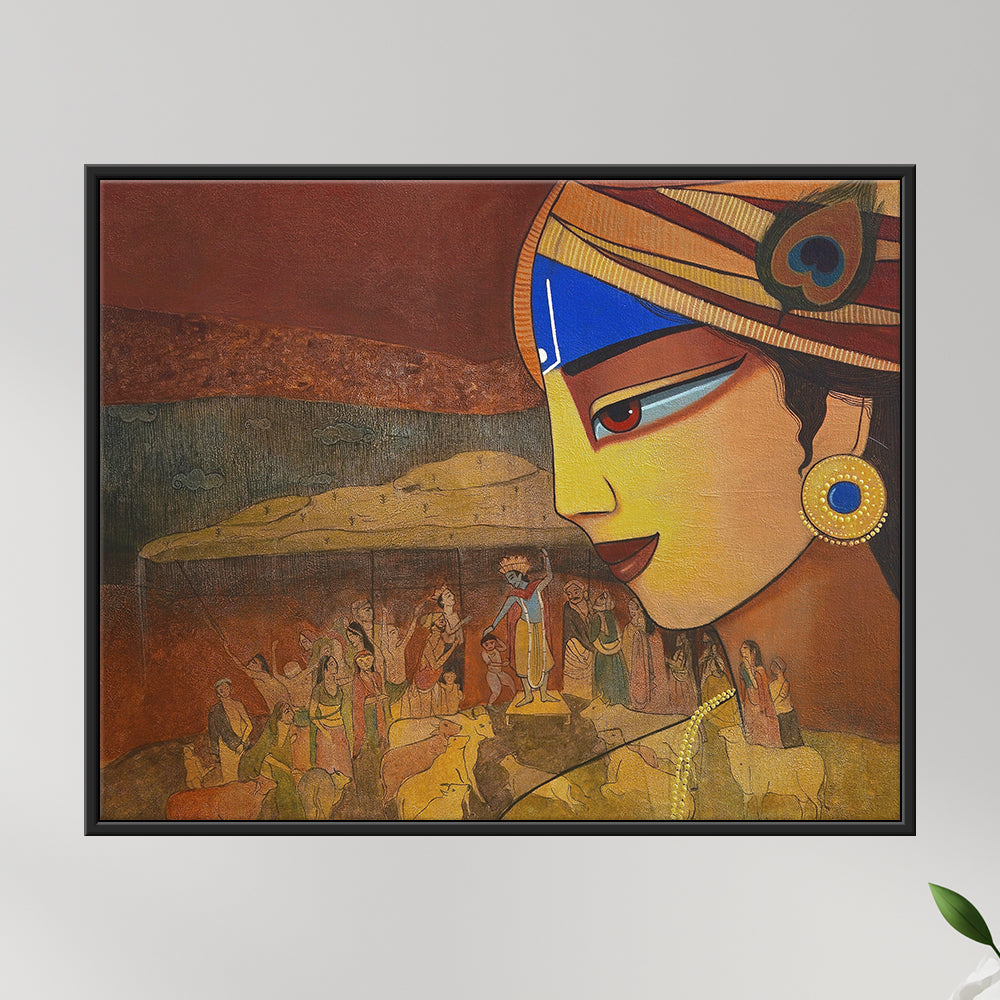 Original painting of a stylised face in a striped turban above a detailed Krishna Leela village scene with cattle and villagers.