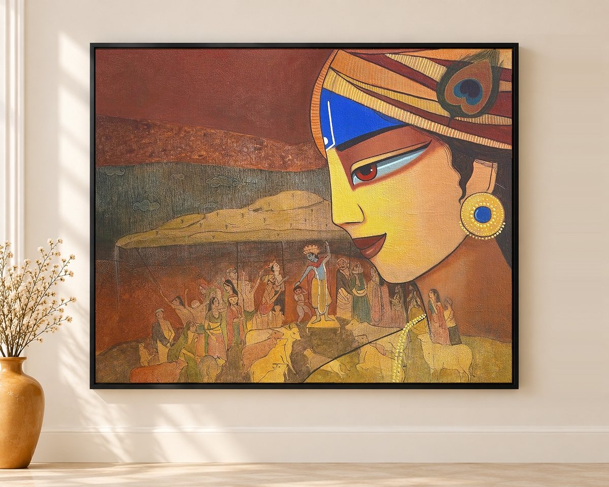Original painting of a stylised face in a striped turban above a detailed Krishna Leela village scene with cattle and villagers.