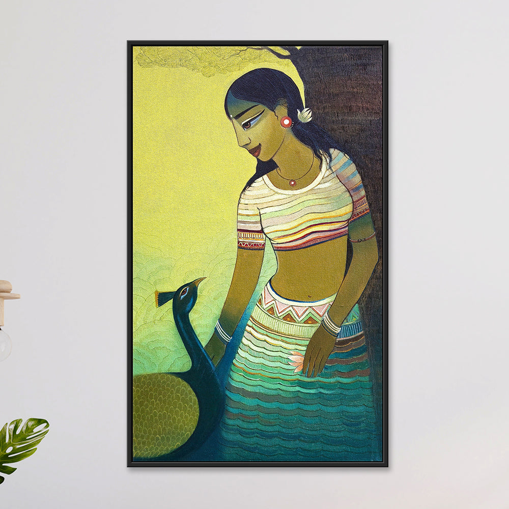 Original painting of a woman in a striped crop top bending toward a peacock beneath a tree, soft yellow background, on canvas.