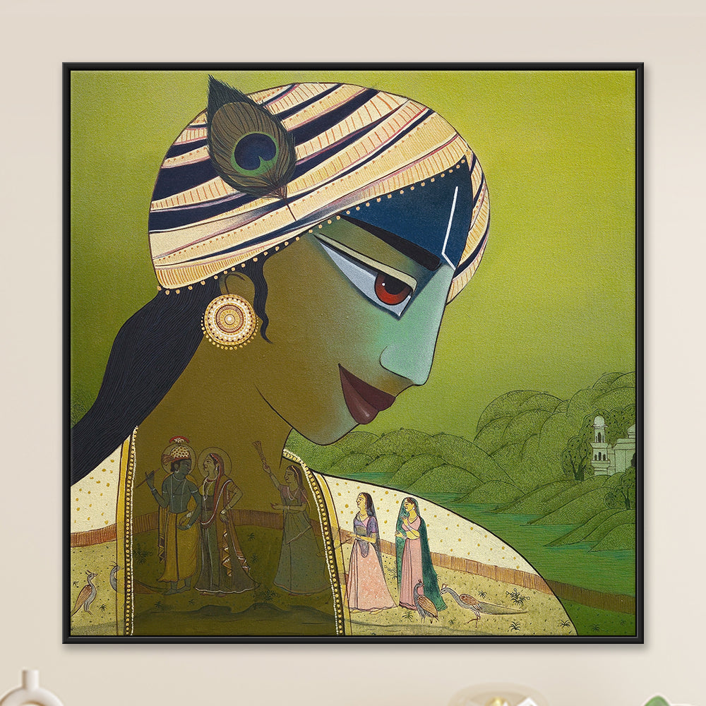 Original painting of a stylised profile in a striped turban with peacock feather, an inset Krishna Leela scene within the figure.