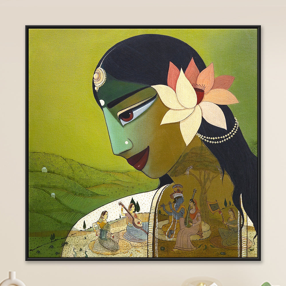 Original painting of a stylised profile adorned with a lotus flower, an inset Krishna Leela music scene within the figure.