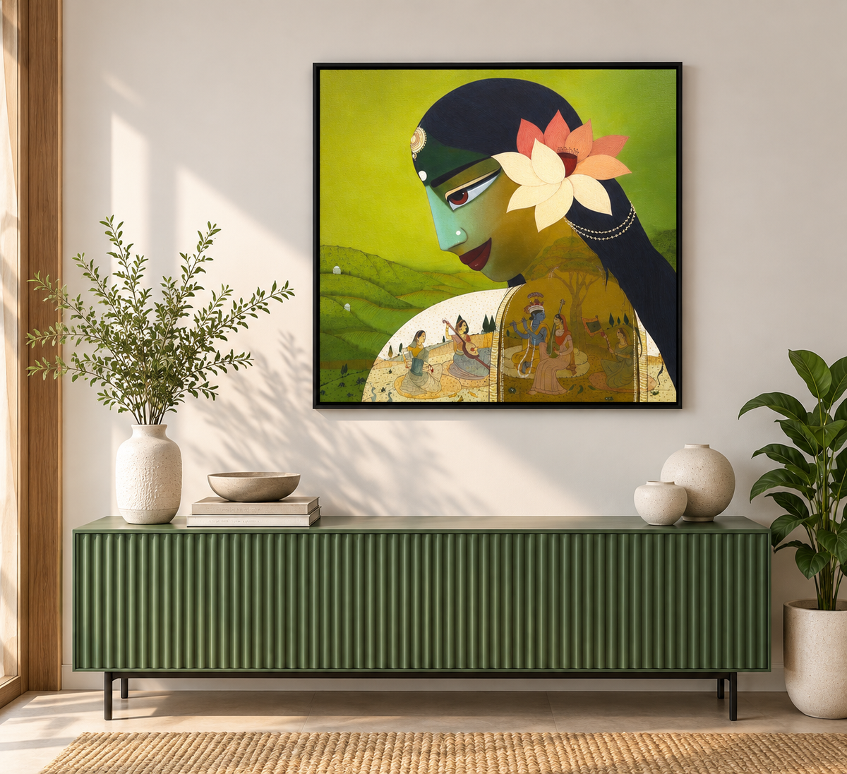 Stylised Portrait with Lotus | And Krishna Leela Inset Painting