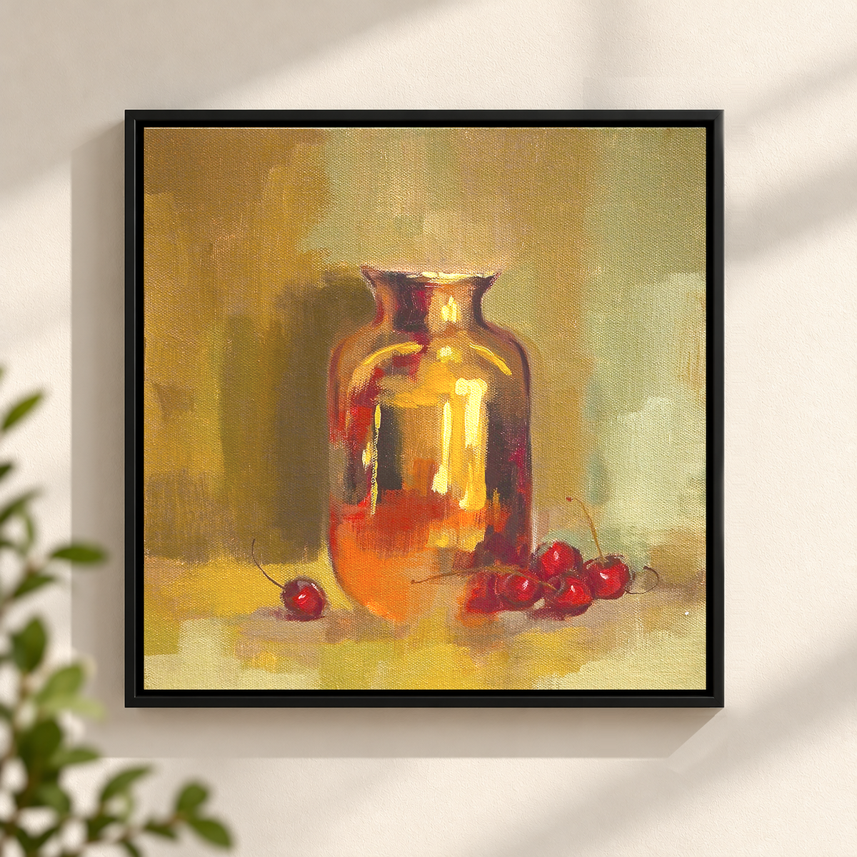 Amber Glass Jar with Cherries | Original Oil Still Life Art