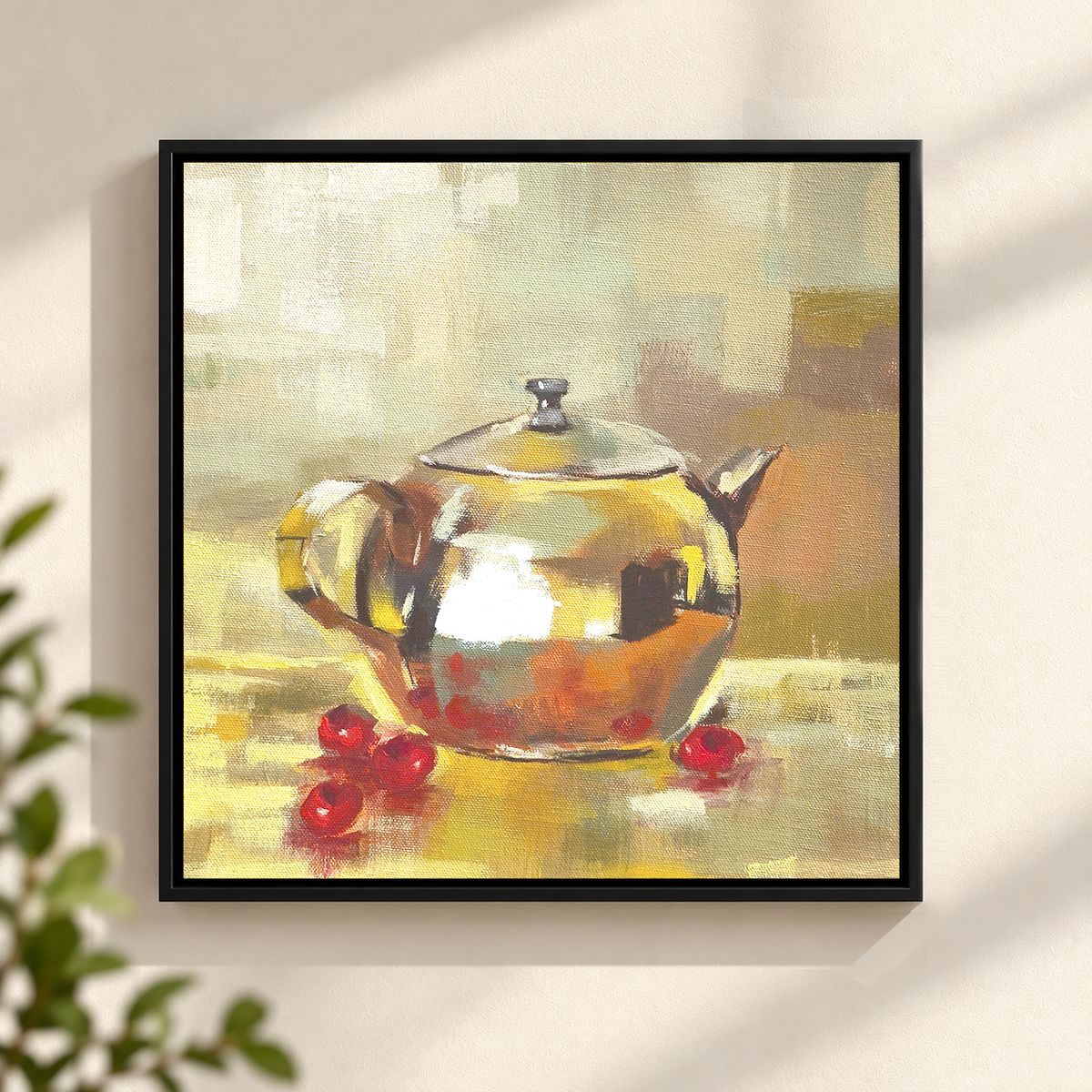 Golden Brass Teapot with Cherries | Original Oil Still Life