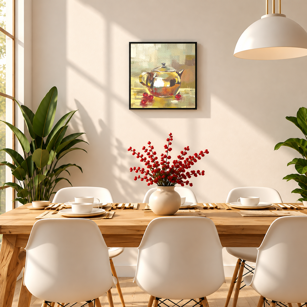 Golden Brass Teapot with Cherries | Original Oil Still Life
