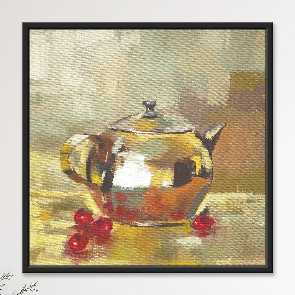 Original  painting of a polished brass teapot beside scattered cherries, glowing gold reflections on a warm neutral background.