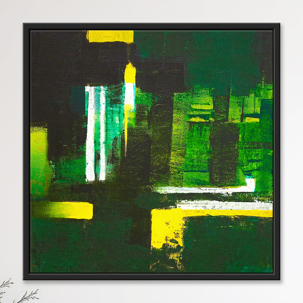Abstract acrylic painting of emerald green city blocks with mustard accents and turquoise streak, companion canvas artwork.