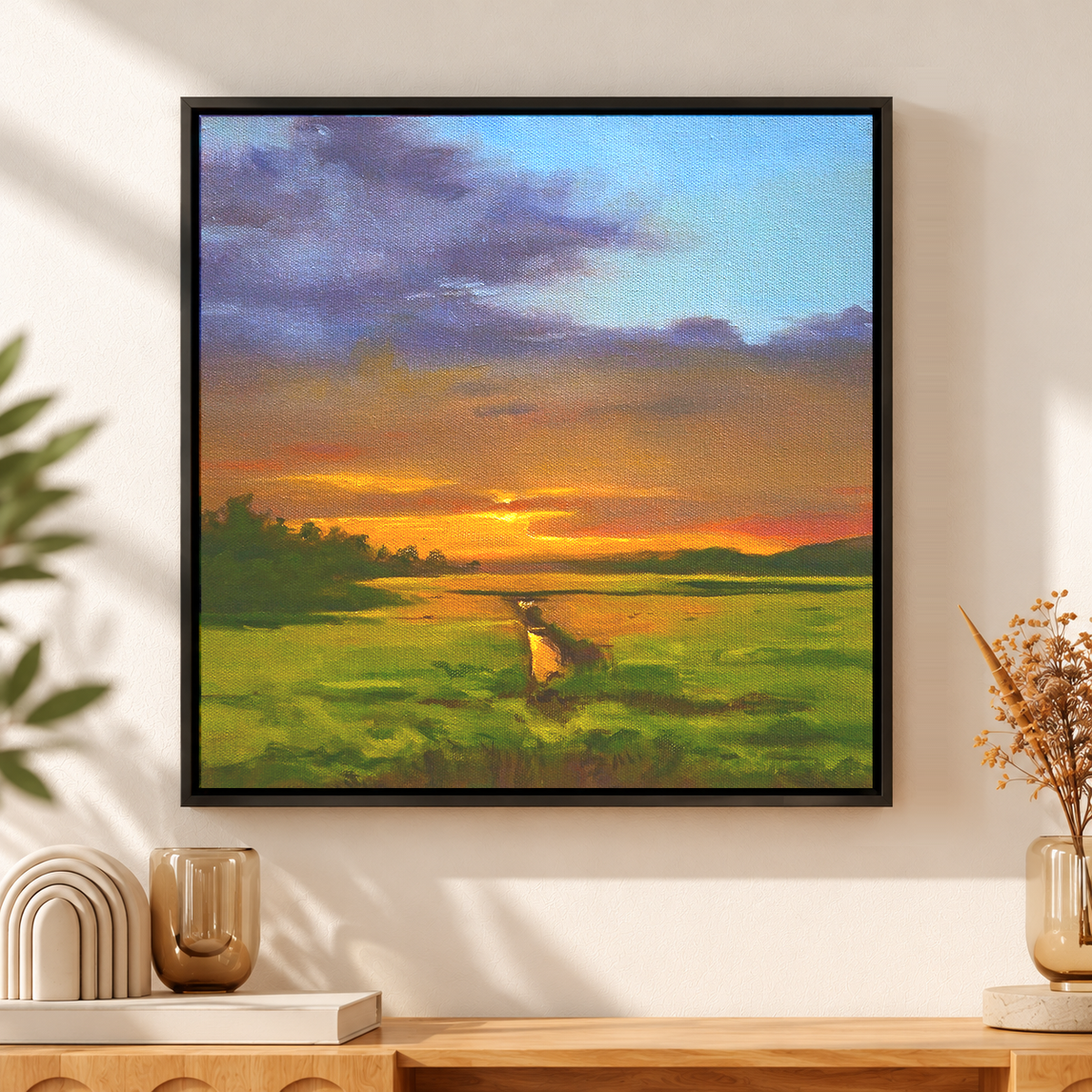 Golden Field and Pond Reflection Two | Original Landscape