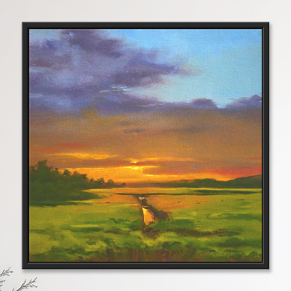 Original  painting of a golden marsh at sunset, orange sky and violet clouds, dark tree line on horizon, companion canvas.