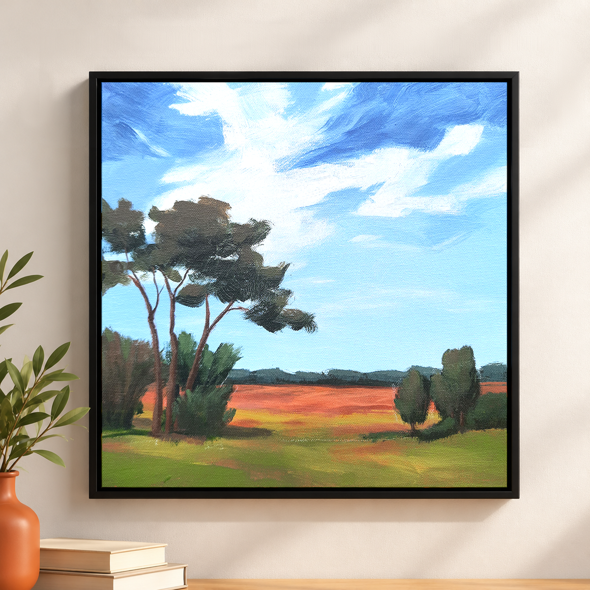 Pine Grove over an Autumn Field | Original Handmade Oil Painting