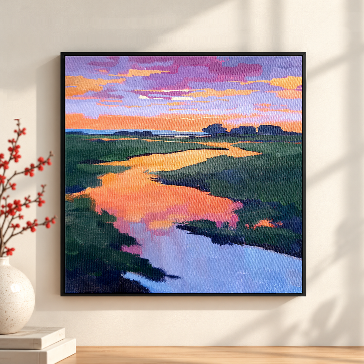 Original painting of a winding river glowing orange at sunset through marsh grass beneath a violet sky, canvas.