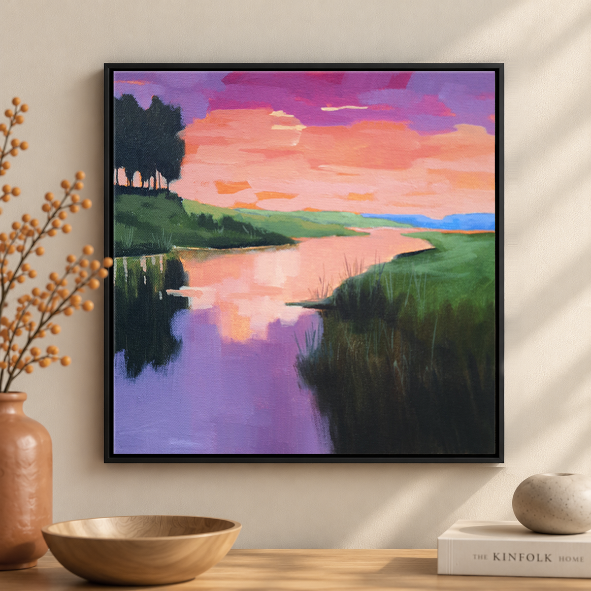 Original  painting of a marsh creek at sunset, silhouetted trees on the left bank, glowing violet water, companion.