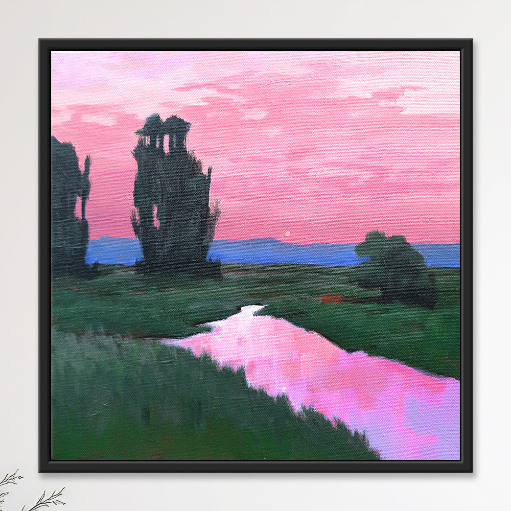 Original  painting of a marsh at magenta twilight, silhouetted trees beside a glowing pink creek, pale rising moon.