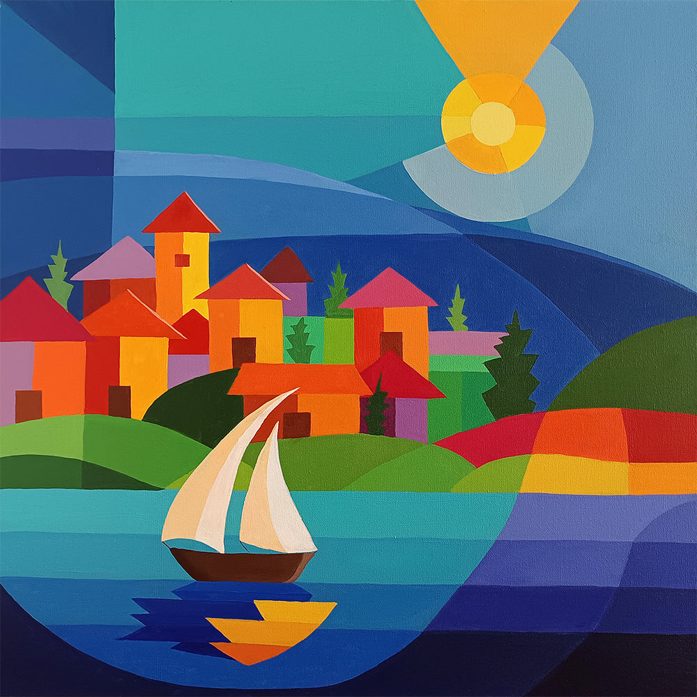 Dockside Geometry Paintings | Vibrant Boats At The Dockside | Landscape, Modern Handmade Painting