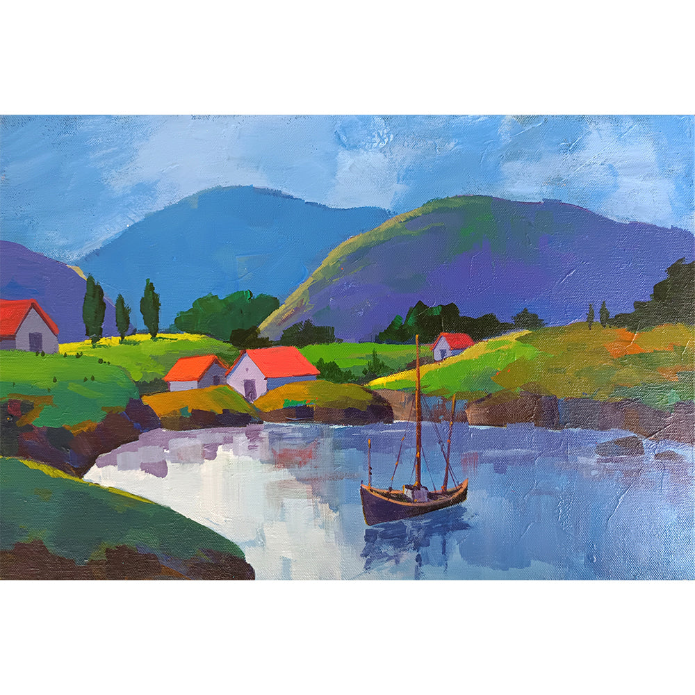Serene Dockside Painting | Resting in Nature | Vibrant Landscape Handmade Painting