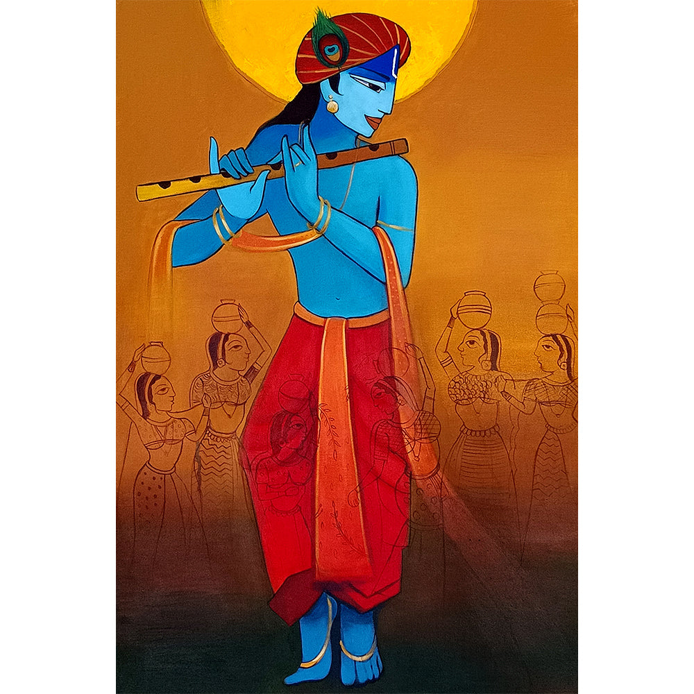 Krishna Flute Radiant Painting | Divine Krishna With Flute | Traditional, Religious Handmade Painting