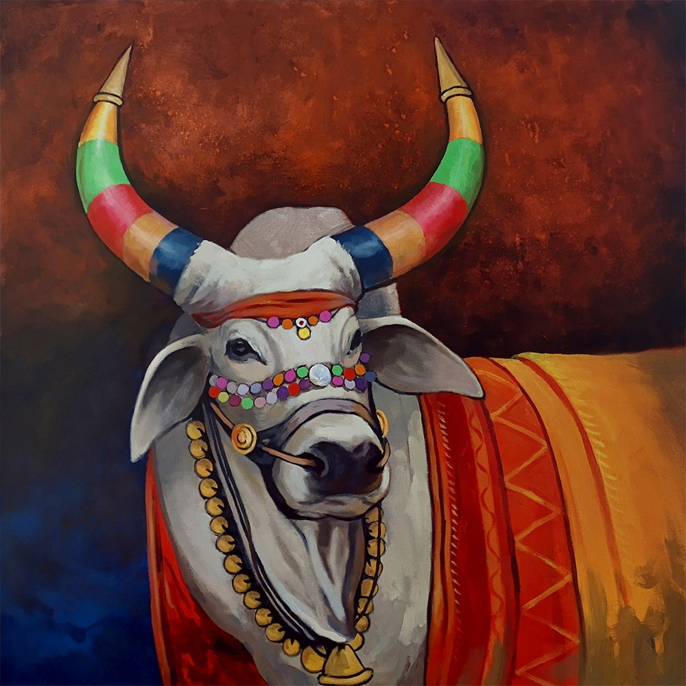 The Sacred Wait Painting | Peaceful Nandi Painting Capturing Devotion | Original Painting for Temple
