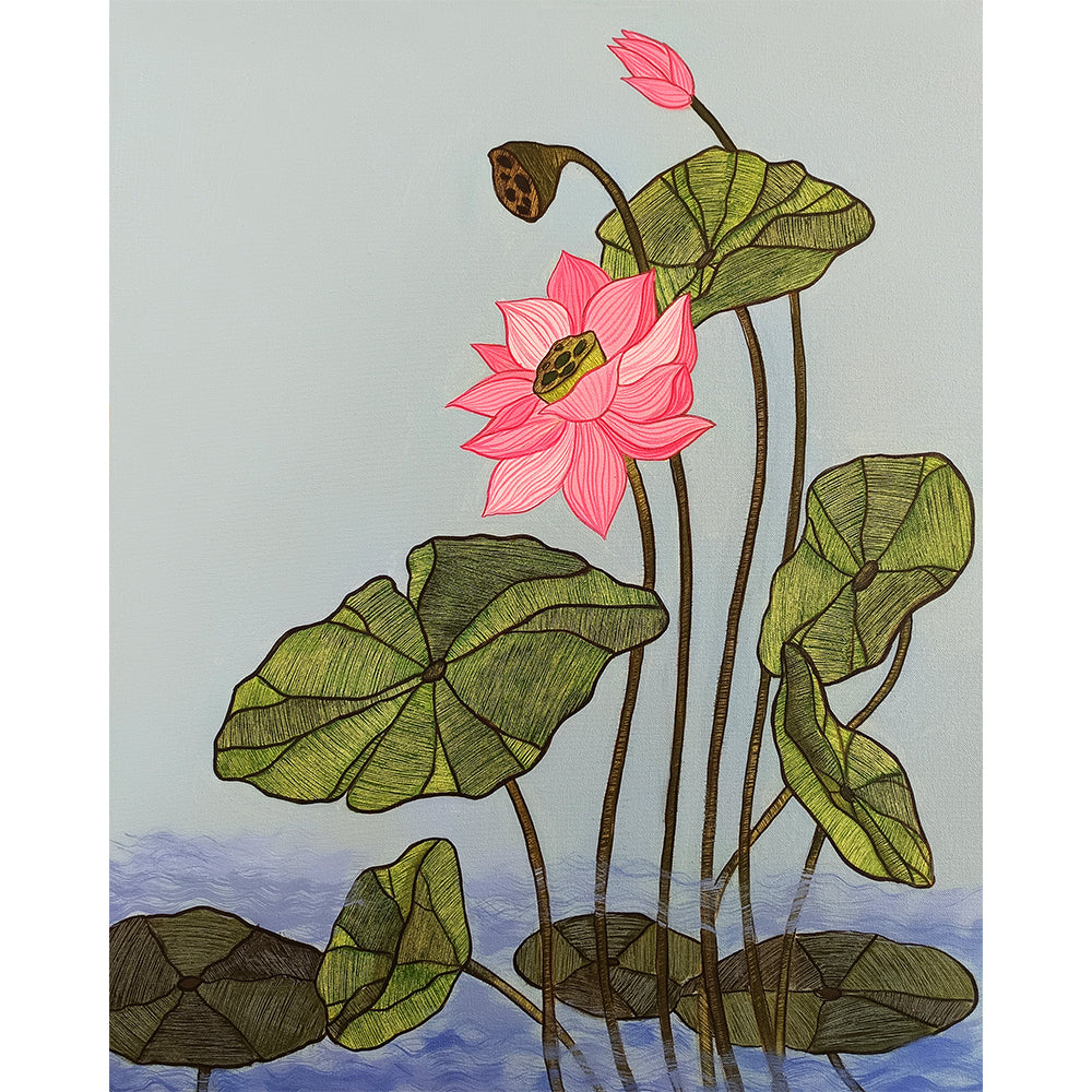 Floating Lotus Floral Painting | Flower Canvas Painting | Vibrant Lotus Paintings