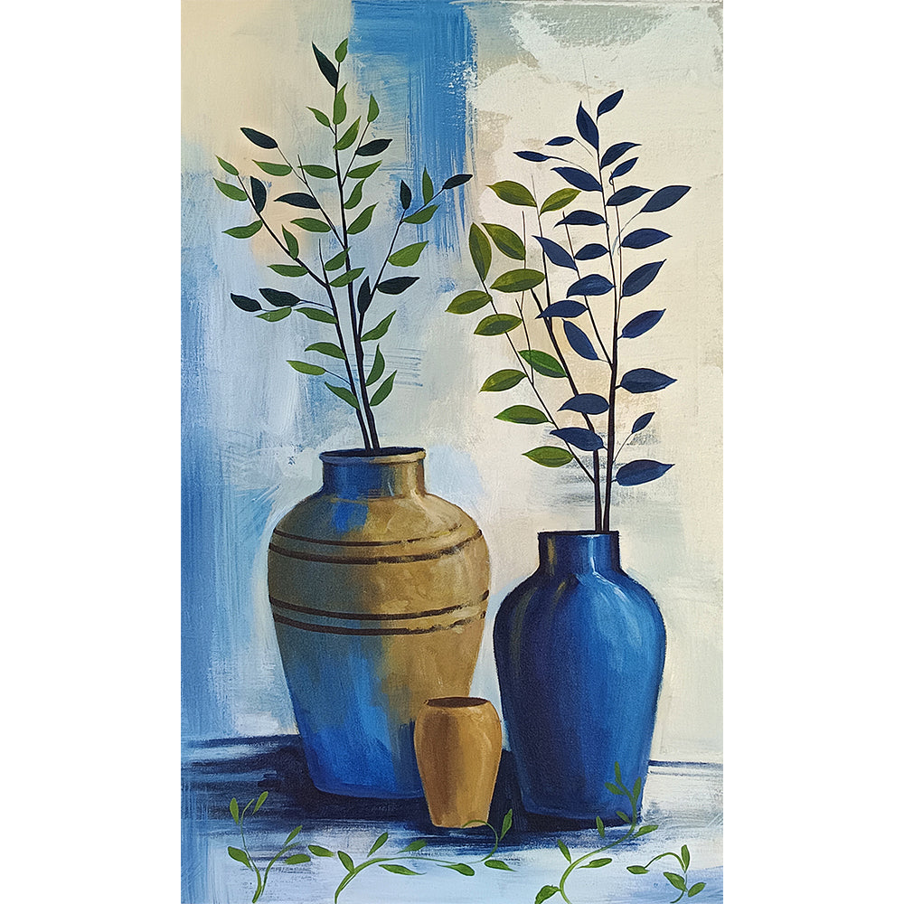 Blooming Pot Paintings 1 | Vibrant, Modern Flower Pot And Leaves Paintings on Canvas