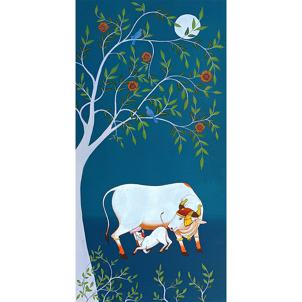 Pichwai Art of Cows | Sacred Cow Pichwai in Floral and Tree Intricate Traditional Indian Art Paintings